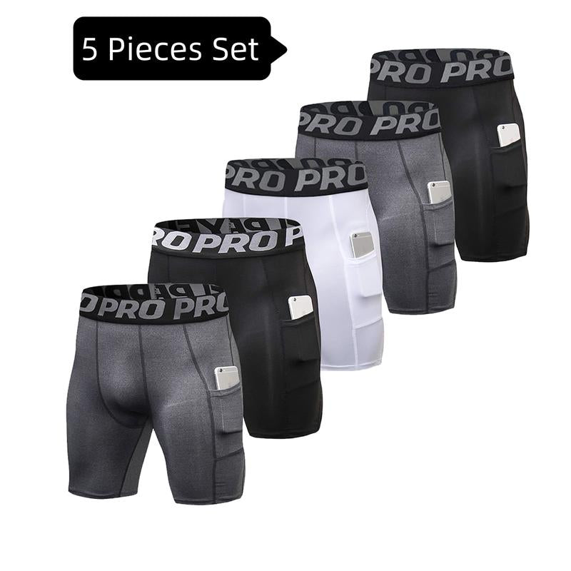5 Pack Compression Shorts Mens Sports Underwear Base Layer Shorts Quick Dry Running Shorts Basketball Shorts with Pockets Cycling Tights for Gym Fits