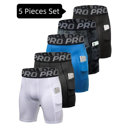 5 Pack Compression Shorts Mens Sports Underwear Base Layer Shorts Quick Dry Running Shorts Basketball Shorts with Pockets Cycling Tights for Gym Fits
