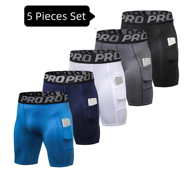 5 Pack Compression Shorts Mens Sports Underwear Base Layer Shorts Quick Dry Running Shorts Basketball Shorts with Pockets Cycling Tights for Gym Fits